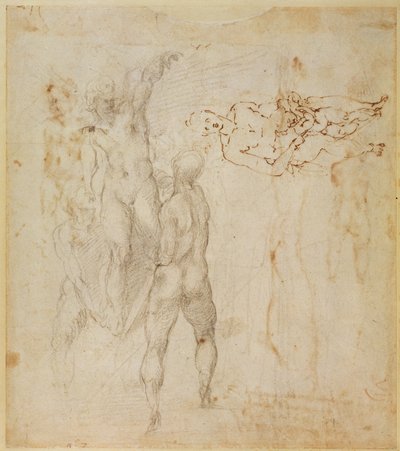 男性グループと子供と一緒に座っている図（ペンとインク、木炭） 作： Michelangelo Buonarroti